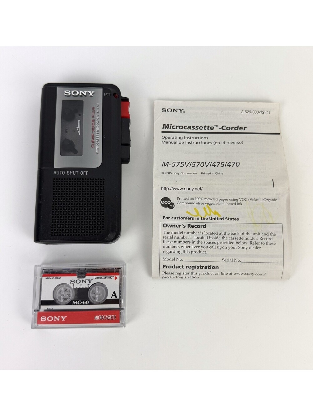 Sony M-470 Clear Voice Plus Microcassette Voice Recorder Handheld Auto Shut Off